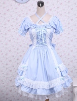 Blaues Lolita Kleid aus Baumwolle mit kurzen Ärmeln und weißen Spitzen