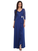 Blaues Partykleid für Mutter der Braut V-Ausschnitt Halbarm A-Linie Spitze Chiffon Plissee Hochzeitsgast Kleider