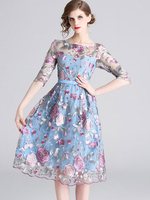 Blaues Partykleid mit Blumenstickerei; halbes Hülsen-Damen-Midikleid