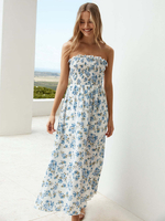 Blaues ärmelloses gerafftes Maxikleid mit Blumendruck und Schnürung am Rücken 2025