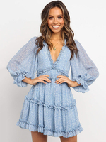 Blaues Sommerkleid Damen V-Ausschnitt gedruckt Langarm rückenfreies Partykleid