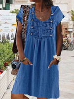 Blaues Sommerkleid Knielanges Etuikleid mit quadratischem Hals