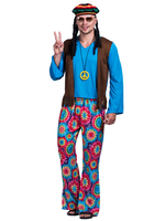 Blaues Vintage-Set Hippies Polyester Blumendruck lange Ärmel Retro-Kostüme für Herren