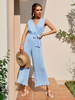 Blaugrüner; ärmelloser; weit geschnittener Sommer-Playsuit aus Polyester mit V-Ausschnitt
