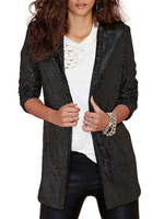 Blazer Damen Langarm und Umlegekragen und Pailletten Lang Jacke