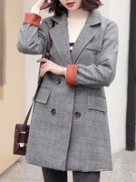 Blazer Damen Langarm und Umlegekragen und Plaidmuster und Taschen Lang Jacke