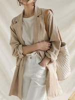 Blazer Damen Langarm und Umlegekragen und Taschen Lang Jacke