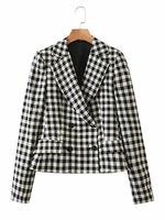 Blazer für Frauen Cotton Plaid Turndown Collar Langarm Kurzblazer