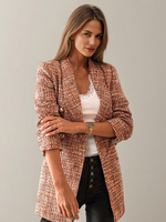 Blazer Jacke Kaffee Braun Streifen Plaid Umlegekragen Zweireihig Slim Fit Frühling Herbst Street Oberbekleidung für Damen