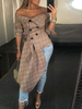 Blazer Kleid Damen Jacke Langarm Minikleid gemischten Baumwollen und Carmenausschnitt und Plaidmuster Khakifarbe Anzugjacke