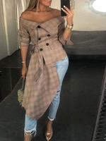 Blazer Kleid Damen Jacke Langarm Minikleid gemischten Baumwollen und Carmenausschnitt und Plaidmuster Khakifarbe Anzugjacke