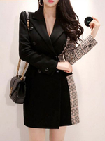 Blazer Kleid Damen Jacke Langarm Minikleid Wollstoff und Umlegekragen und Farbblock Schwarz Anzugjacke