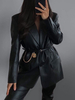 Blazer Mantel für Damen Mode PU Leder Übergroße Umlegekragen Knöpfe Lange Ärmel Schwarze Lederjacke