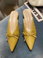 Blcok Heel Mules Gelb PU Leder Pointed Toe Rüschen Bow Slide Schuhe