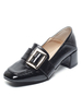 Block Heel Loafers Schwarz Leder Leder Zehenschnalle Slip On Schuhe