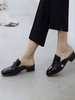 Block Heel Mules Black Leder Square Toe Backless Slip On Schuhe