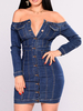 Blue Bodycon Kleider Denim Off-The-Shoulder Langarm Knöpfe Kurzes Etuikleid für Frauen