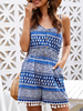 Blue Floral Print V-Ausschnitt Ärmellose Fransen Rückenfreie Spaghettiträger Polyester Straight Summer One Piece Outfit