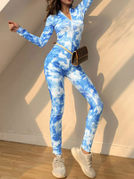 Blue Tie Dye Jewel Neck Langarm-Reißverschluss Polyester Skinny Summer Playsuit