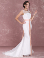 Blumen Hochzeitskleid Illusion Ausschnitt Schärpe Empire Taille Kapelle Zug Mermaid Brautkleid Milanoo