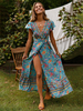 Blumen Kleid hellblau V-Ausschnitt 2025 Kleid kurzarm Bohemian Kleid
