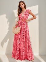 Blumen-Maxikleider mehrlagig Rüschen V-Ausschnitt ärmellos rückenfrei Schlitz vorne sexy Sommer-Folklore-Kleider