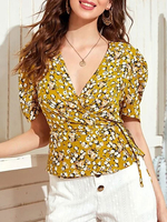 Blumenbluse Frauen V-Ausschnitt Sexy Kurzarm Wickeloberteile