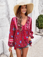 Blumenbluse Knoten V-Ausschnitt Laternenärmel Tägliches Casual Damen Top