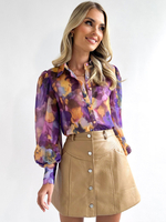 Blumenhemd Lila Turndown-Kragen Lässige Langarm-Tops