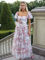 Blumenkleid Blumendruck Puffärmel Gürtel Süße Party Ball Maxikleider