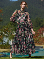 Blumenkleid Illusionshals und Ärmel hoher Kragen bodenlang Party-Maxikleider