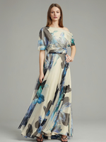 Blumenkleid Maxikleider Kleider Blumendruck rückenfrei plissiert One-Shoulder kurze Ärmel rückenfrei böhmischer Sommer