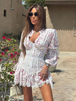 Blumenkleid Minikleider Kleider Blumendruck Spitze Verzierter Kragen Lange Ärmel Chic Herbst Kurz