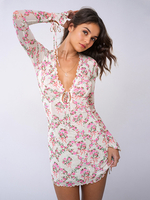 Blumenkleid tiefer V-Ausschnitt Schnürung vorne langärmeliges Minikleid für Damen 2025