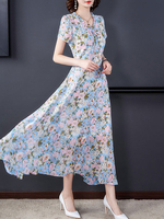 Blumenmaxikleider mit kurzen Ärmeln V-Ausschnitt Chiffon-Sommer-Kleid