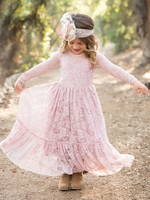Blumenmädchen Brautkleid Spitze Rosa Rundhalsausschnitt Langarm Knöchel Länge Kinder Partykleider