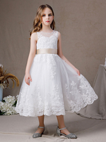 Blumenmädchen Elfenbein Spitze Ärmellos Gürtel Schleife Open Back Kinderkleid