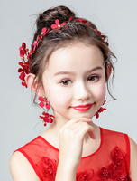Blumenmädchen Headpiece Set Ohrringe Stirnband Strass rot Kinder Haarschmuck