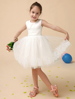 Blumenmädchen Kleider A-Linie- Abendkleider für Hochzeit Kinder Ballkleider knielang mit Rundkragen Hochzeit Satingewebe ärmellos kleid blumenmädchen
