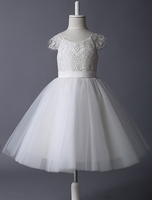 Blumenmädchen Kleider A-Linie- Abendkleider für Hochzeit knielang mit Rundkragen Hochzeit Tüll Kurzarm kleid blumenmädchen und Reißverschluss
