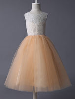 Blumenmädchen Kleider A-Linie- Champagner Abendkleider für Hochzeit knöchellang Illusion Ausschnitt Tüll ärmellos kleid blumenmädchen