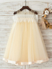 Blumenmädchen Kleider A-Linie- Champagner Abendkleider für Hochzeit knielang mit Rundkragen Tüll ärmellos kleid blumenmädchen