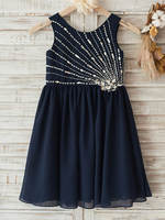 Blumenmädchen Kleider A-Linie- Dunkelmarineblau Abendkleider für Hochzeit knielang mit Rundkragen Chiffon ärmellos kleid blumenmädchen