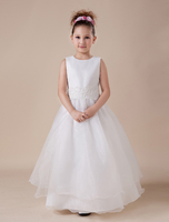 Blumenmädchen Kleider A-Linie- Elfenbeinfarbe Abendkleider für Hochzeit knöchellang mit Rundkragen Hochzeit Organza ärmellos