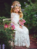 Blumenmädchen Kleider A-Linie- Elfenbeinfarbe Abendkleider für Hochzeit knöchellang mit Rundkragen Hochzeit Spitze Langarm kleid blumenmädchen