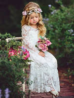 Blumenmädchen Kleider A-Linie- Elfenbeinfarbe Abendkleider für Hochzeit knöchellang mit Rundkragen Hochzeit Spitze Langarm kleid blumenmädchen