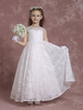 Blumenmädchen Kleider A-Linie- Elfenbeinfarbe Abendkleider für Hochzeit knöchellang mit Rundkragen Hochzeit Tüll und Reißverschluss
