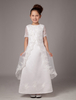 Blumenmädchen Kleider A-Linie- Elfenbeinfarbe Abendkleider für Hochzeit knöchellang mit Rundkragen Satingewebe Kurzarm kleid blumenmädchen