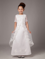 Blumenmädchen Kleider A-Linie- Elfenbeinfarbe Abendkleider für Hochzeit knöchellang mit Rundkragen Satingewebe Kurzarm kleid blumenmädchen