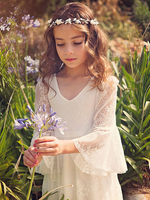 Blumenmädchen Kleider A-Linie- Elfenbeinfarbe Abendkleider für Hochzeit knöchellang V-Ausschnitt Spitze 3/4 Ärmel kleid blumenmädchen